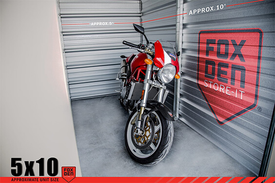 An image of a 5x10 storage unit in Rapid City, SD with motorcycle inside